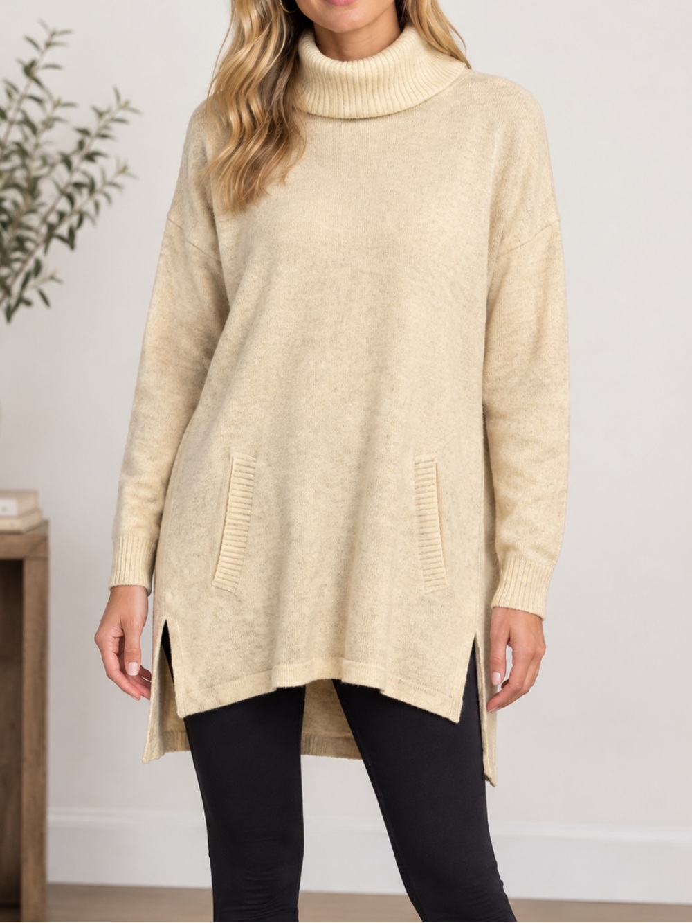 EPOGEE Ivory Lambswool Blend Longline Turtleneck Sweater Tunic Medium